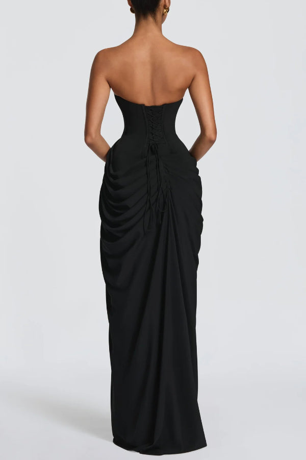 Cyra Back Lace-up Asymmetrical Pleats Strapless Slit Maxi Dress(Buy 2 Get Free Shipping)