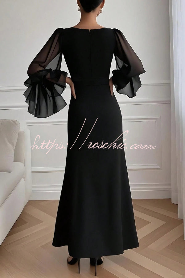 Solid Color V-neck Flared Long Sleeve Elegant High Slit Maxi Dress