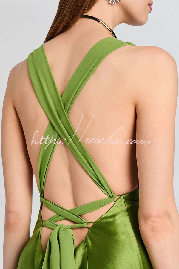 Fig Tulle Satin Patchwork Back Lace-up Drape Flare Maxi Dress