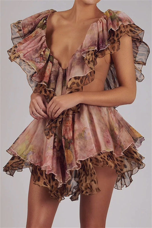 Backless Irregular Ruffle Print Mini Dress
