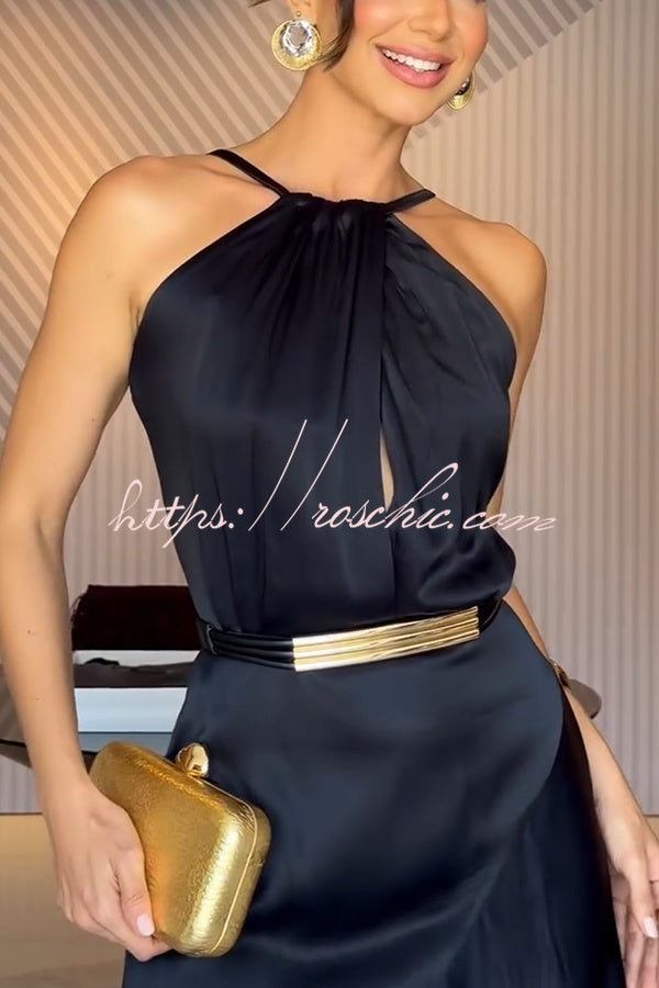Terez Satin Metallic Belt Halter Neck Irregular Hem Slit Maxi Dress