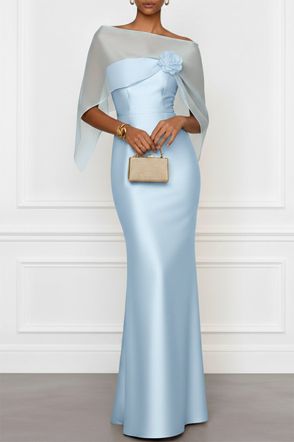 Lucero 3D Floral Satin Boat Neck Short Sleeve Sheath Capelet Gown Maxi Dress