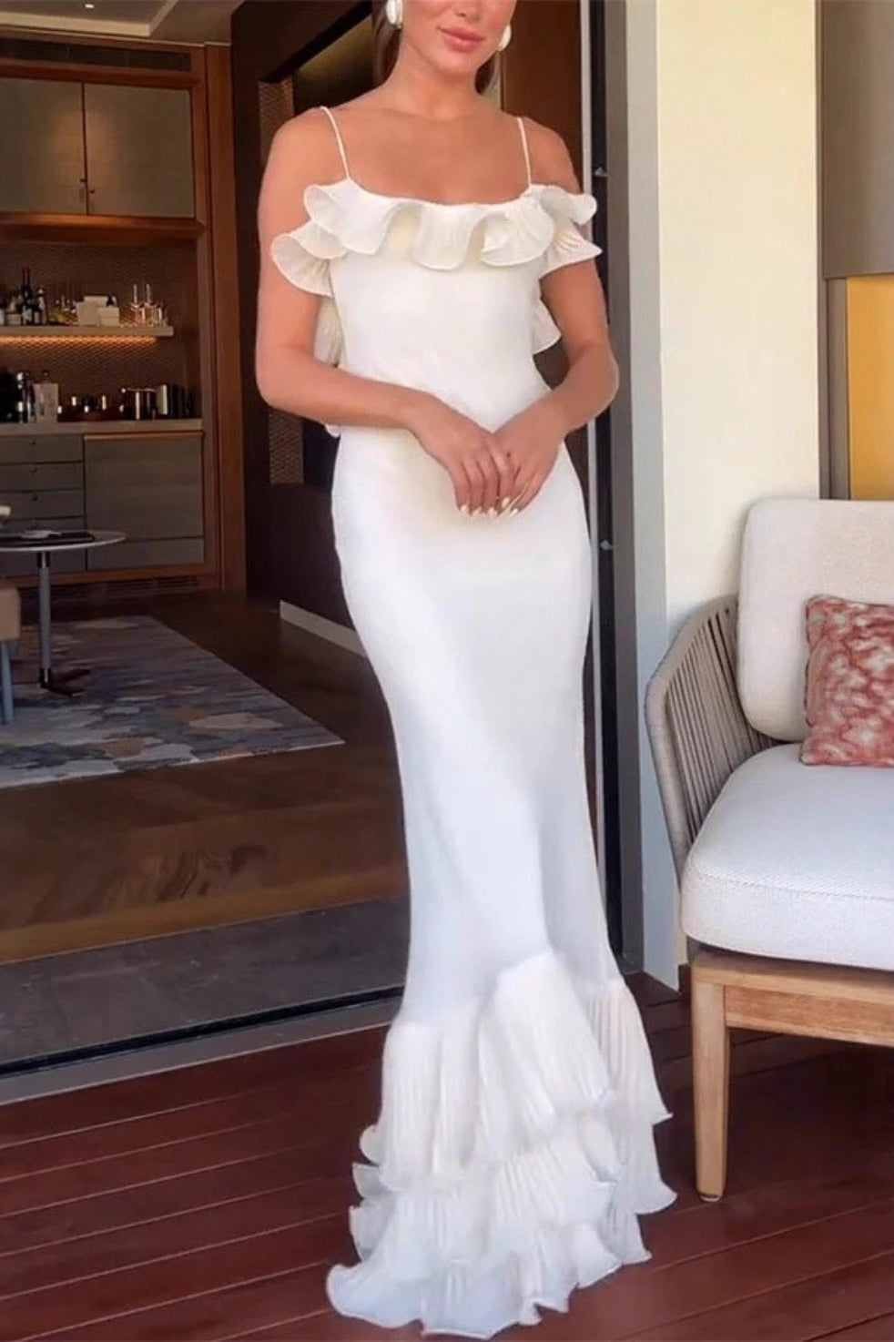 Ruffled Backless Spaghetti Strap Formal Dress