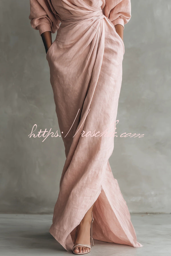 Linen Blend Loose V-neck Pleated Waist Casual Pocket Maxi Dress