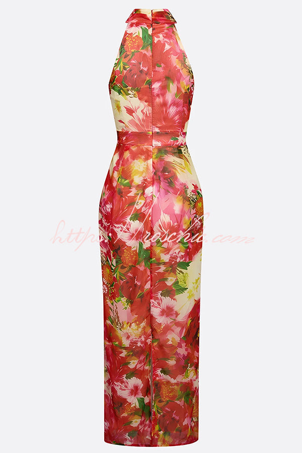 Garden Glamour Chiffon Floral Print High Neck Sleeveless Slit Maxi Dress