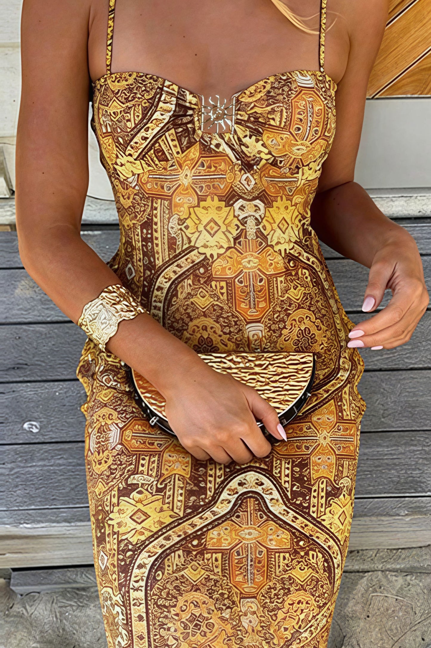 Vestido largo ajustado elástico estilo halter con estampado bohemio