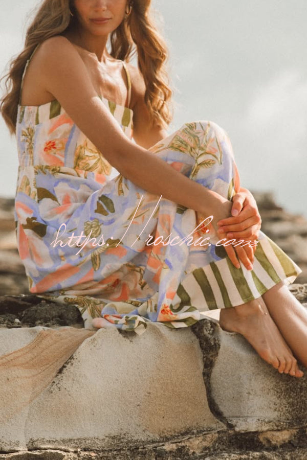 Unique Print Square Neck Spaghetti Strap Waist Casual Maxi Dress