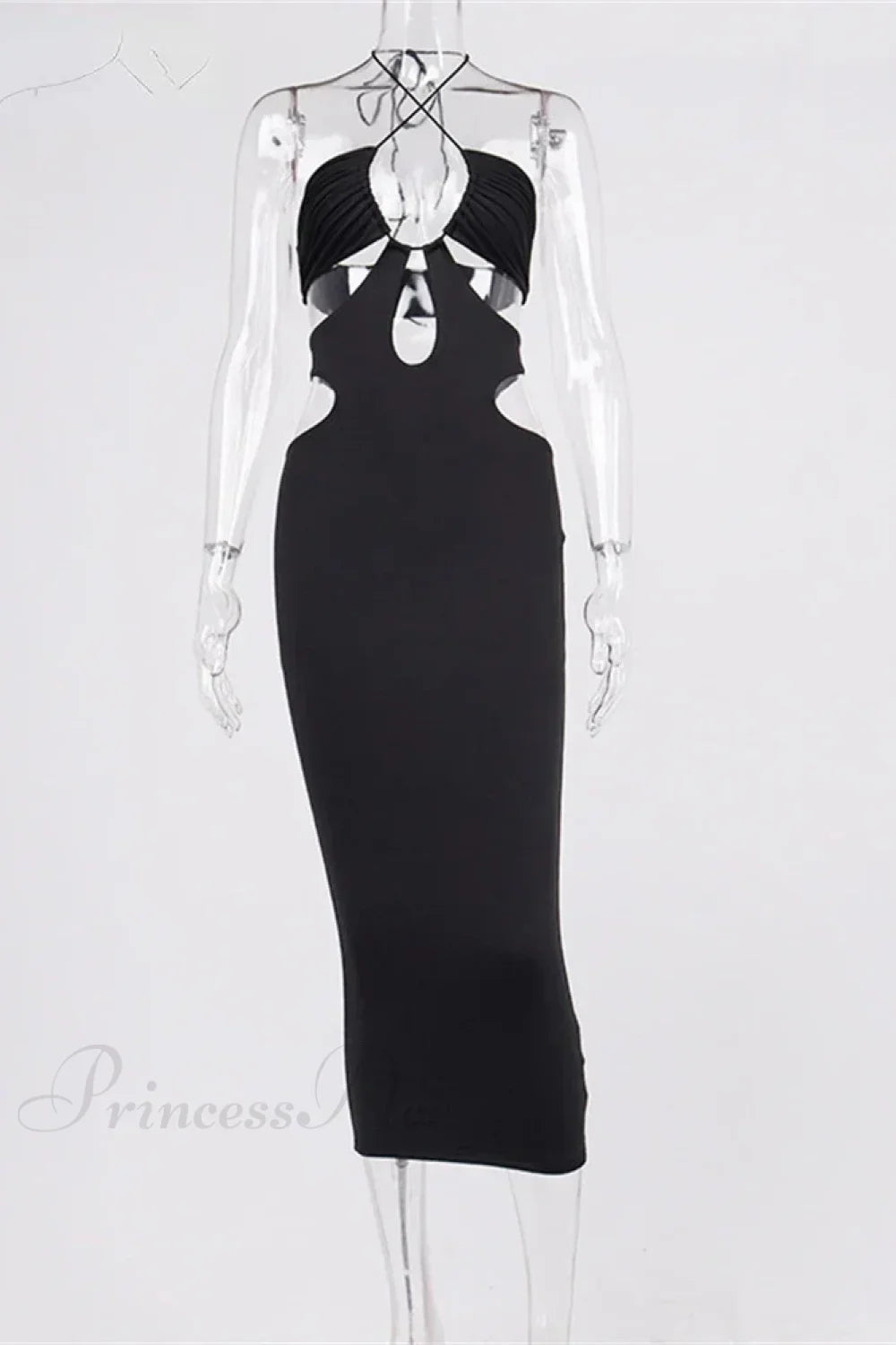 Cut Out Party Evening Sexy Black Women's Summer Hollow Out Halter Wrap Long Backless Midi Dress