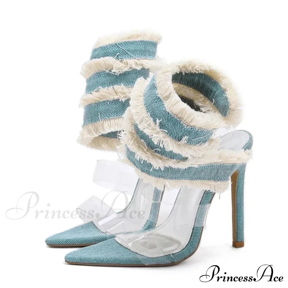 New Design Denim Ankle Snake Surround Strap Sandal Women Transparent PVC Summer High Heels Party Stripper Shoes Pumps