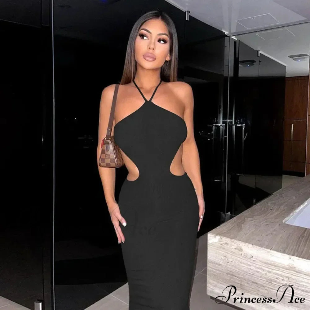 Summer Halter for Women's Sleeveless Backless Club Party Cutout Bandage Midi Dress Clothes Sexy