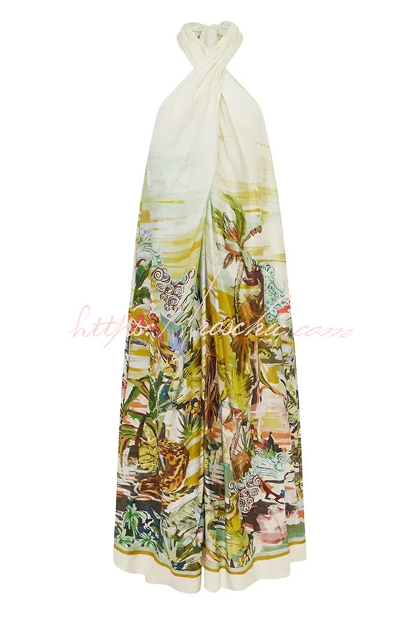 Tropical Eden Halter Neck Backless Maxi Dress