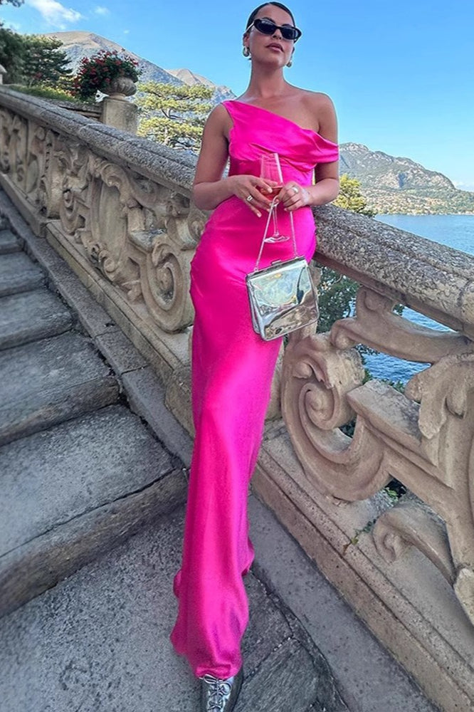 Solid Color Asymmetrical Shoulder Backless Strapless Formal Dress