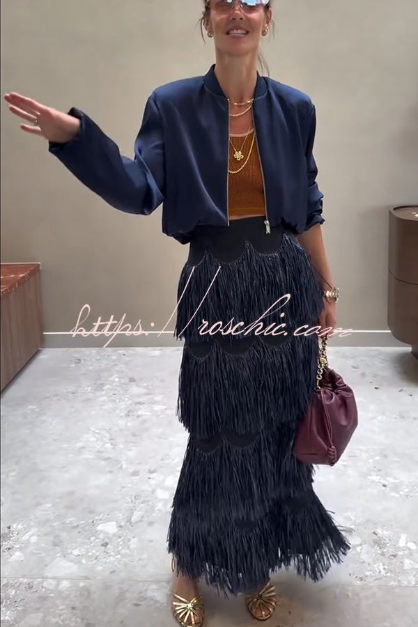 Freestyle Dance Steps Layered Tassels High Rise Back Zipper Slit Maxi Skirt