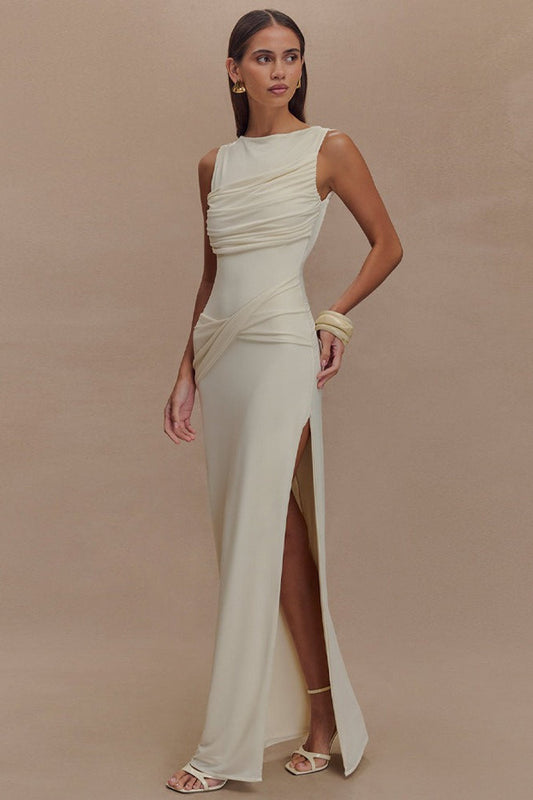 Ruched Split Backless Maxi Dress