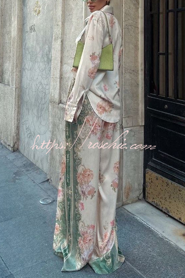Antibes Satin Court Unique Printed Long Sleeve Loose Shirt and Elastic Waist Pants Set