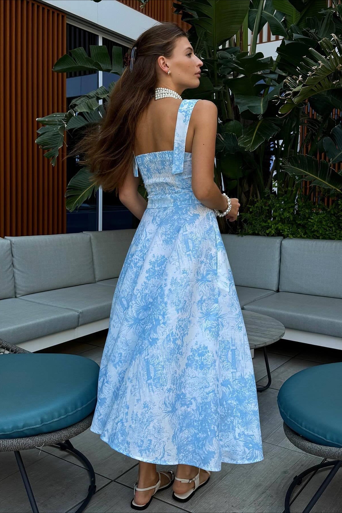 Wide Strap High Waist Floral Tie Midi Dress
