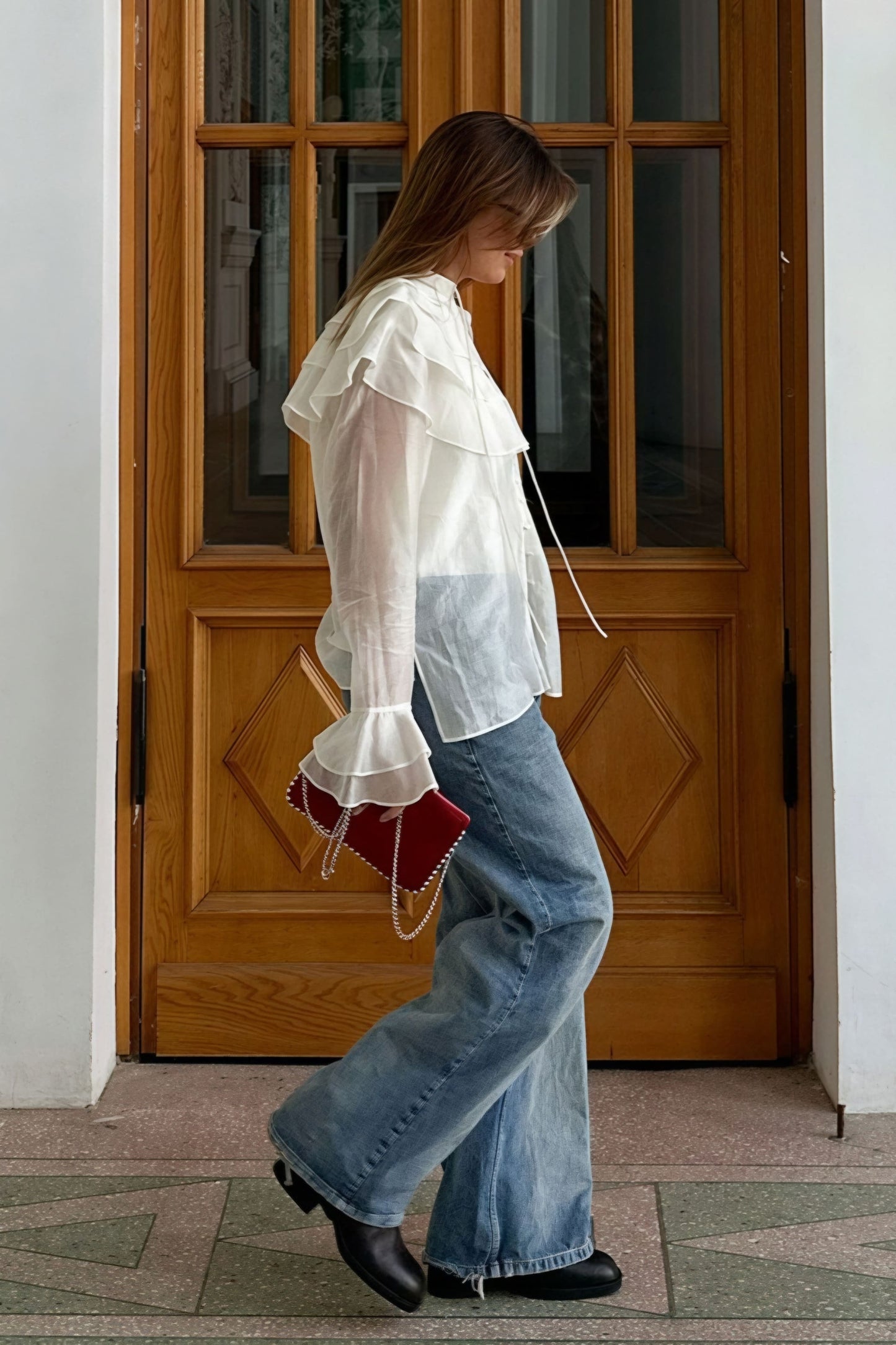Blusa de chifón Tencel con volantes en las mangas y vuelo