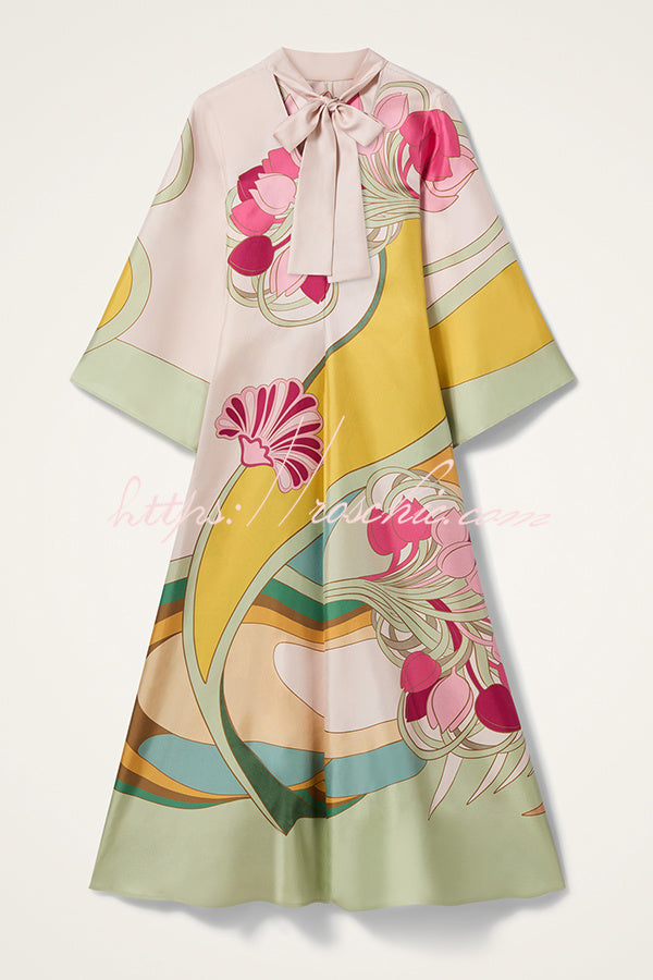 Darla Satin Colorful Baroque Style Printed Tie-up Neck Bell Sleeve Maxi Dress