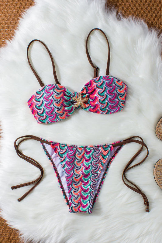 Striped Wavy Knit Tie-up Stretch Two-piece Bikini Swimsuit