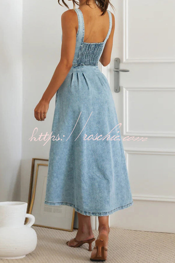 Stylish Single-breasted Fitted Waist Gathered Back Denim Maxi Dress