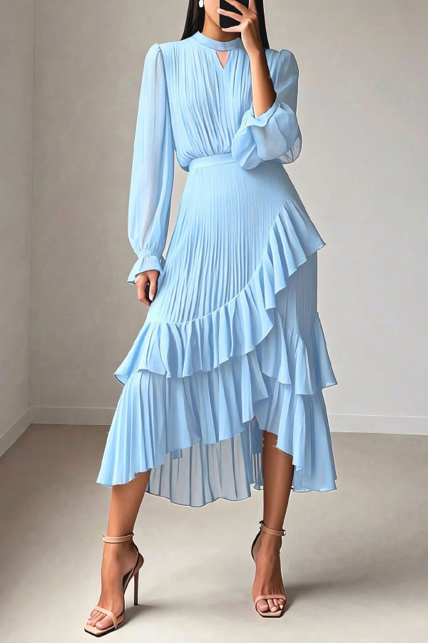 Solid Color Round Neck Long Sleeve Fitted Waist Pleated Ruffle Midi Dress