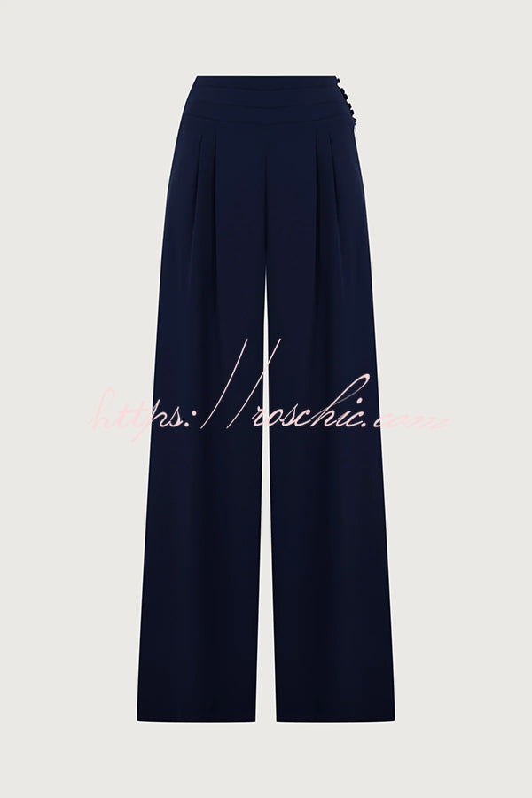 Cleo One Shoulder Irregular Balloon Sleeve Top and High Rise Pleated Button Waist Pocket Loose Pants Set