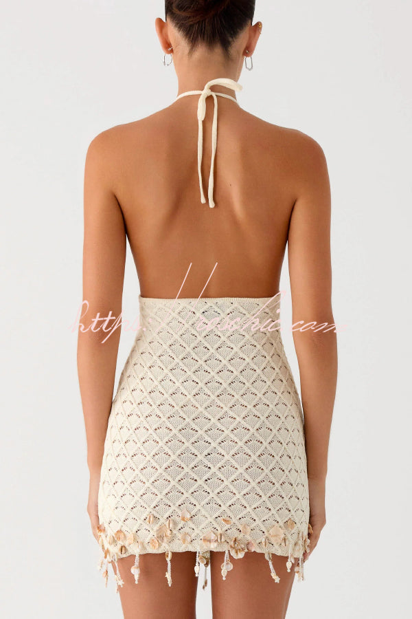 Fashionable Openwork Knit Halter Neck Backless Shell Embellished Vacation Cover-up Mini Dress