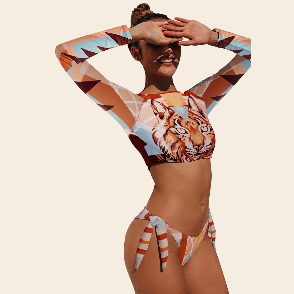 Leopard Print Long Sleeve Rash Guard Two Piece Swim Sets