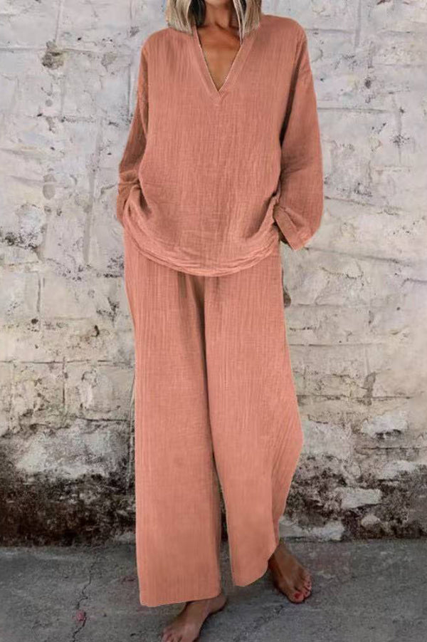 Linen Blend V-neck Long-sleeved Loose Top and Elastic Waist Pocket Casual Wide-leg Pants Set