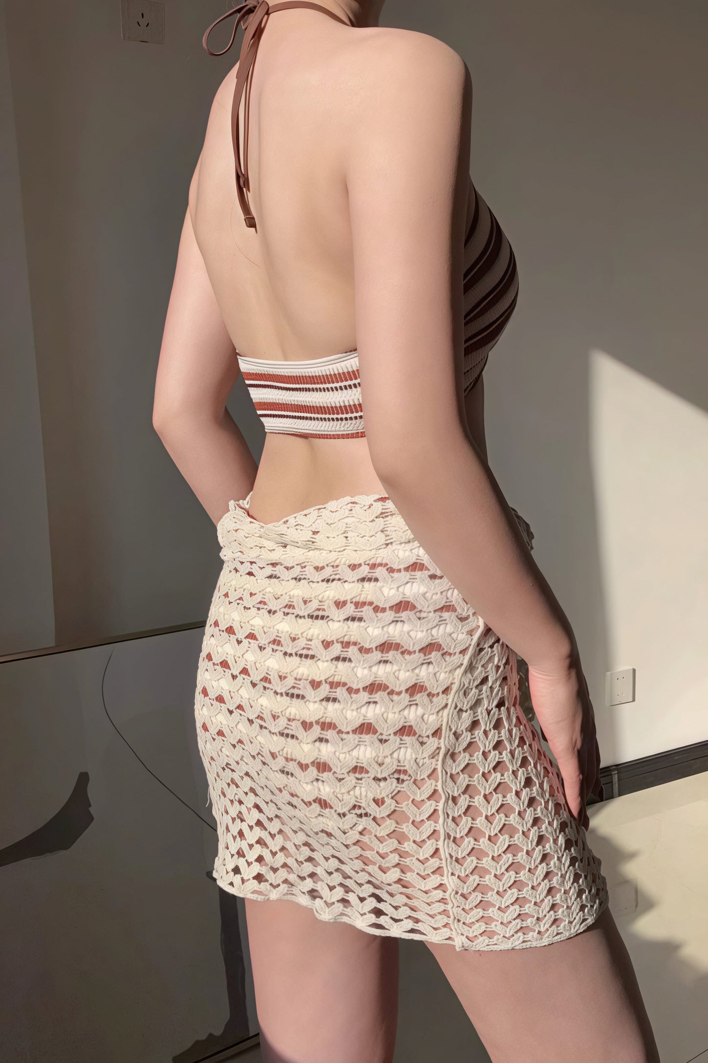 Conjunto de bikini de tres piezas de punto calado a rayas informal