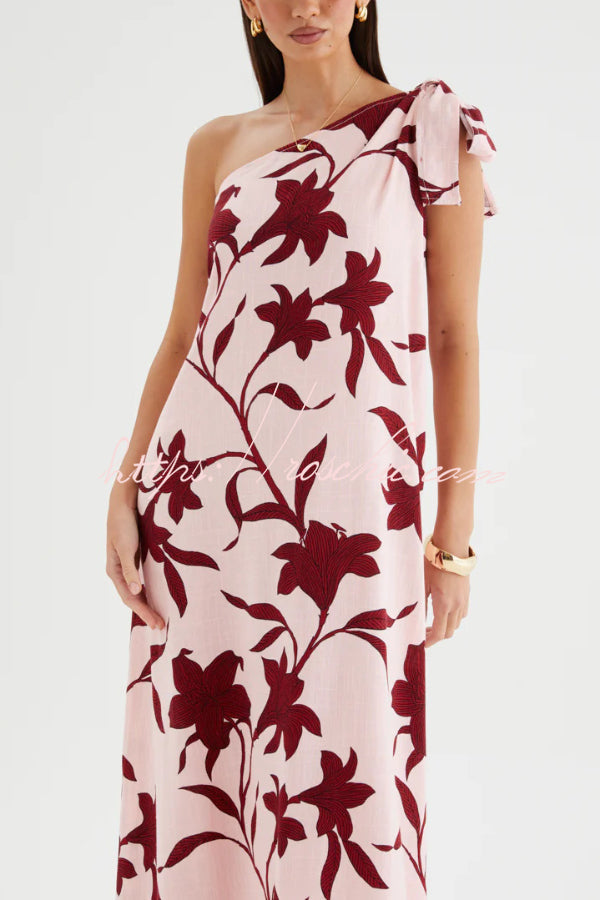 Botanical Print Sleeveless One-shoulder Tie-up Casual Vacation Maxi Dress