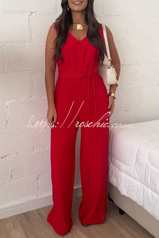 Elaris Linen Blend V-neck Tie-up Waist Pocketed H-line Wide Leg Jumpsuit