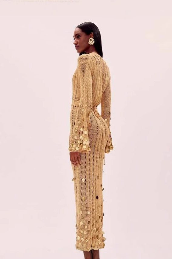 V Neck Belted Sequin Knit Long Boho Dress
