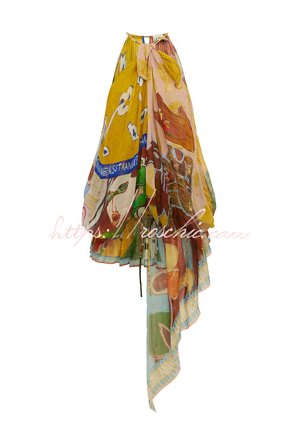 Artwork Print Chiffon Metal Clasp Halter Neck Gathered Drop Asymmetrical Hem Top