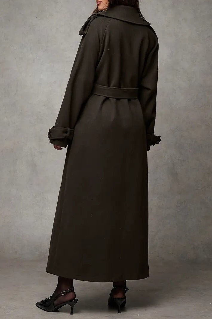 Wool Double Breasted Lapel Tie Long Overcoat