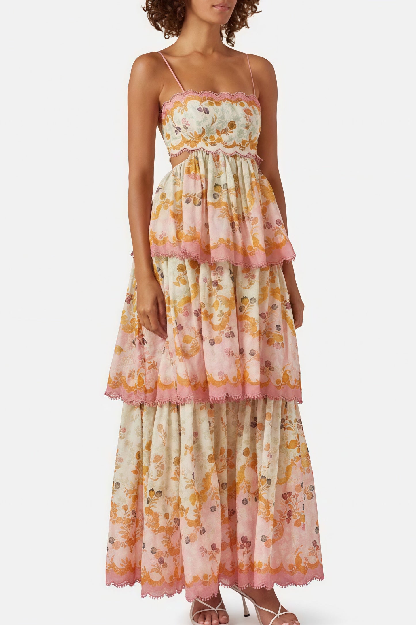 Vestido maxi bordado con borlas y aberturas en la cintura, con tirantes y capas, a la moda