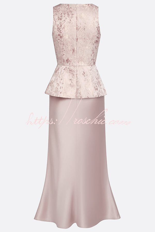 Siena 3D Floral Trim Lace Crew Neck Sleeveless Drape Satin Hem Maxi Dress