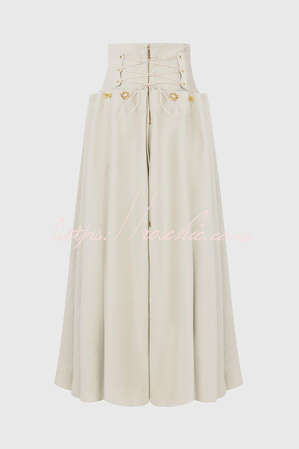 Custom Look Linen Blend Unique Metal Pattern Buttons Lace-up Waist Crisp Hem Maxi Skirt