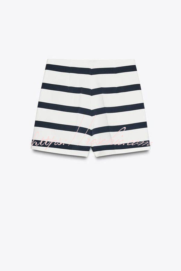 Logbook Stripe Button Shoulder T-Shirt and High-Rise Pocketed Loose Shorts Set