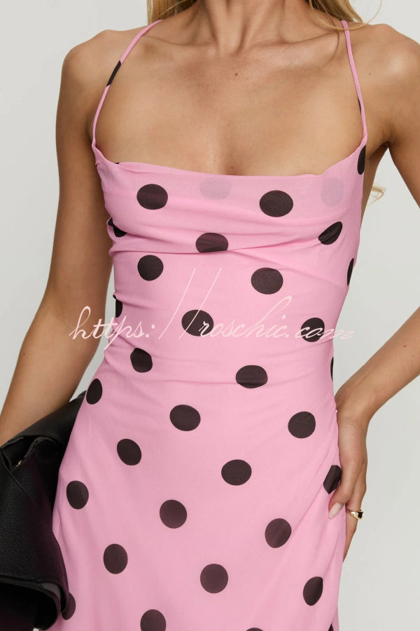 Polka Dot Print Halter Neck Backless Tie Elegant Slim-fit Maxi Dress