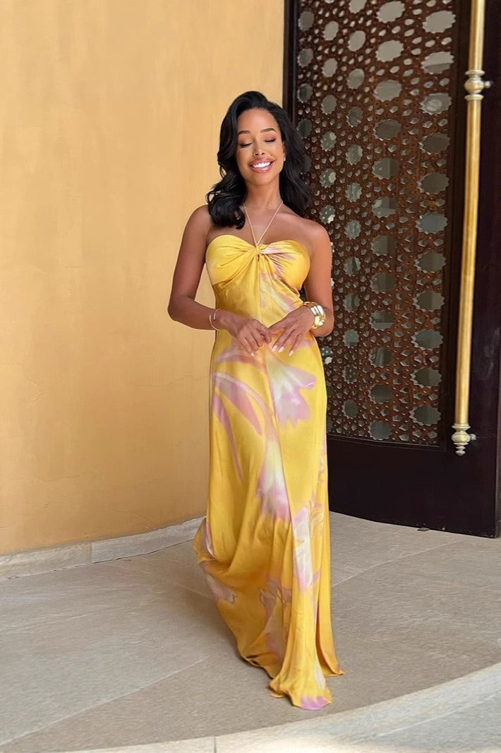 Vestido maxi de playa sin espalda, sin tirantes y estampado