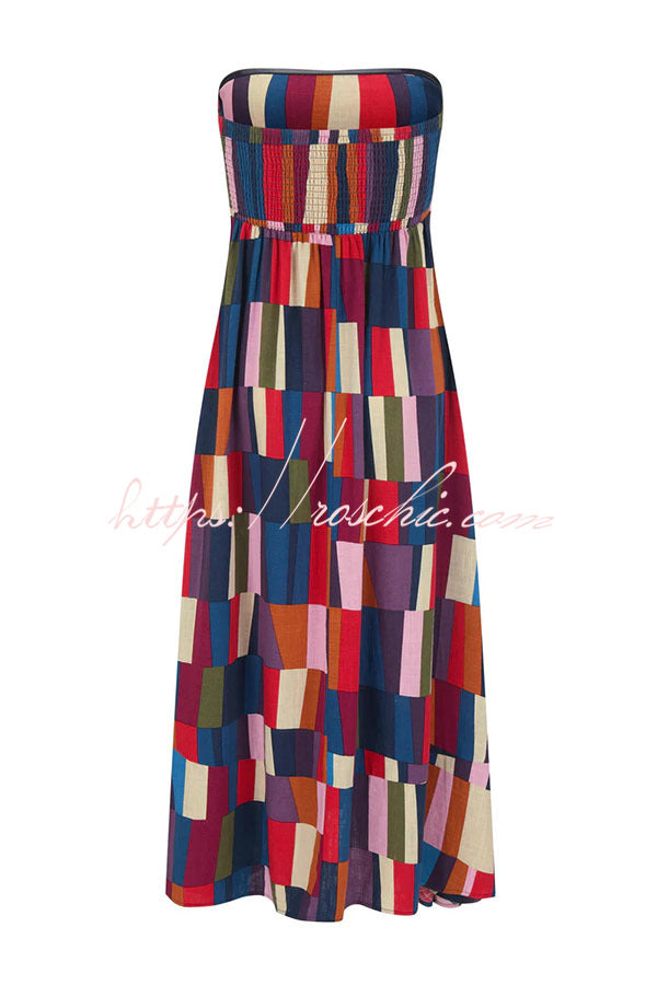 Retro Chic Linen Blend Colorful Color Block Strapless Back Smocked Midi Dress