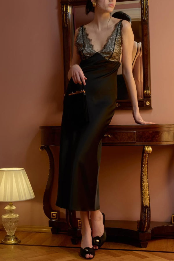 Fashionable Satin Lace Patchwork Spaghetti Strap Backless Elegant Slim-fit Maxi Dress