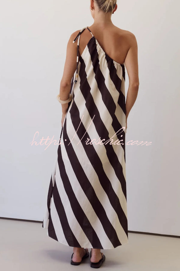 Fashionable Striped Print Loose One-shoulder Tie Vacation Maxi Dress