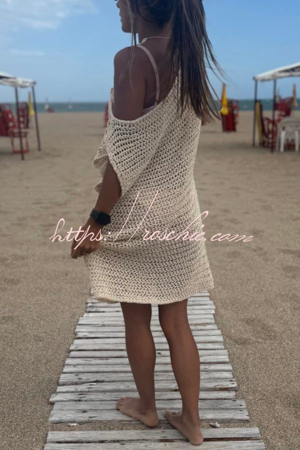 Fashionable Loose-fitting Openwork Sleeveless Casual Knitted Cover-up Mini Dress