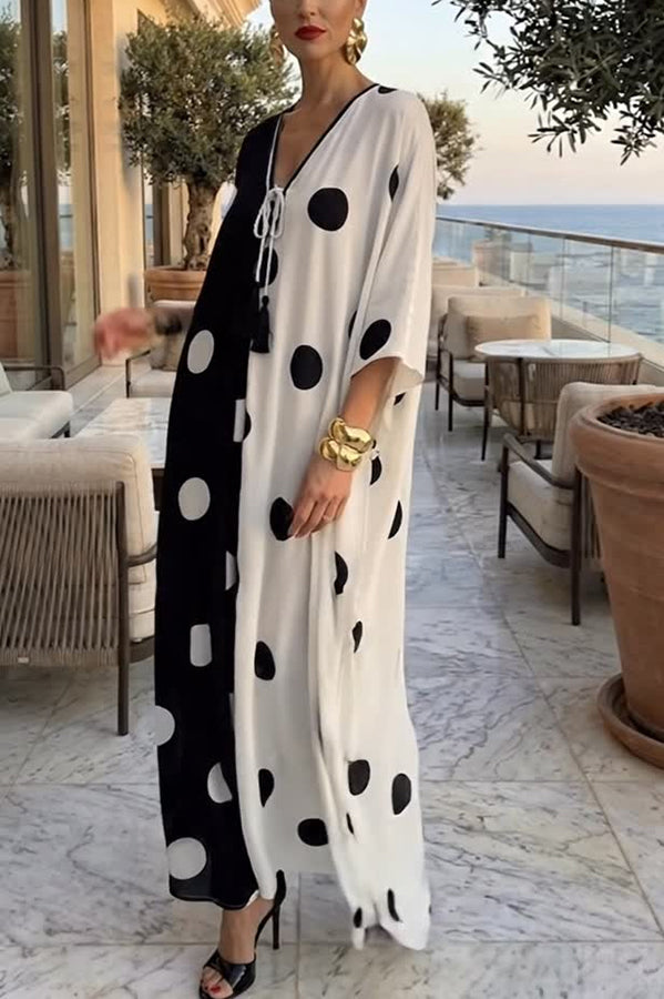 Lucia Chiffon Contrast Color Polka Dot Print Tie-up Neck Kaftan Vacation Maxi Dress