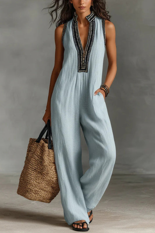 Linen Blend Sleeveless V-neck Casual Pocket Loose Jumpsuit