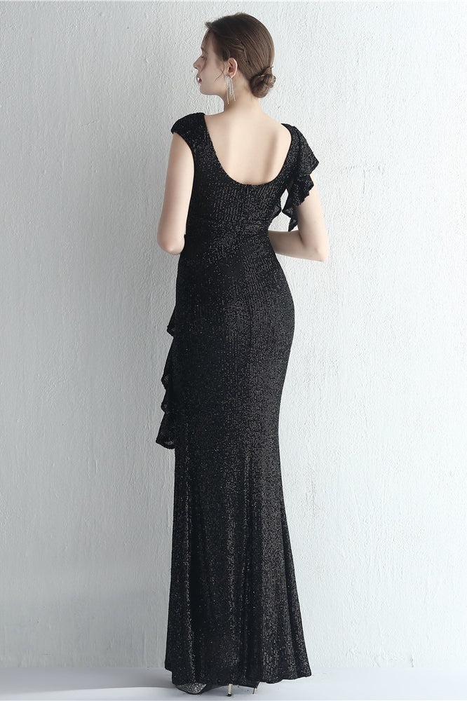 Vestido de gala de sirena con purpurina, cuello alto y abertura