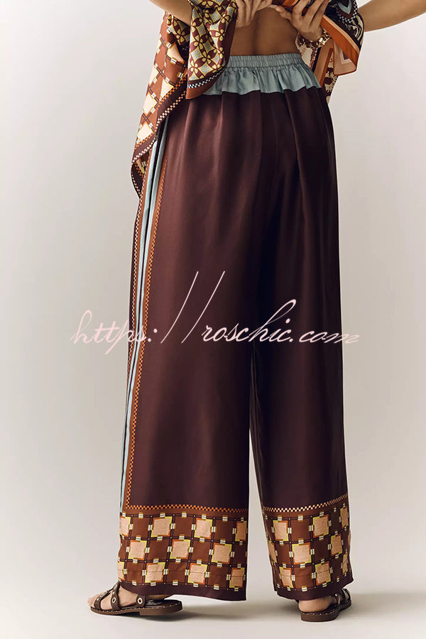 Wilson Satin Unique ColorBlock Print Scarf Top and Elastic Waist Pocket Wide Leg Pants Set
