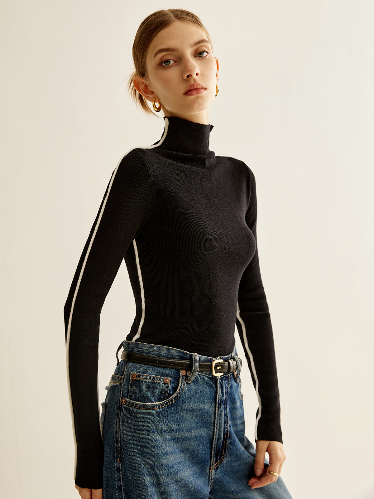 Top de punto de cuello alto mezcla de lana
